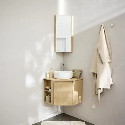 Produktbild von Eckwaschtisch-Set + Waschbecken + Wasserhahn + SORRENTO Eckbadezimmerschrank