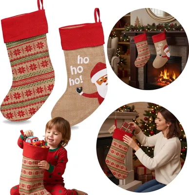 Obrázok produktu pre JUTOVÁ, darčeková ponožka, VIANOČNÁ ponožka Santa, dekoratívna ponožka na krb, VEĽKÁ 48 cm – sada 2 ks