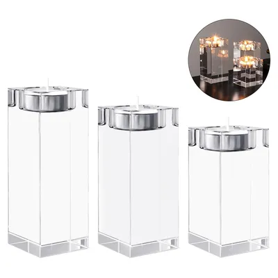 Produktbild von 3er-Set Kristall-Teelichthalter, quadratische Kerzenhalter aus Kristall, Tischdekoration, ideal für Hochzeit, Restaurant & Wohnzimmer-Mittelstück