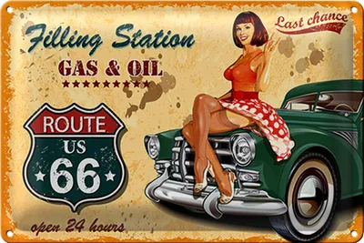 Produktbild von Blechschild Pinup 18x12cm Retro Gas Oil open 24 hours