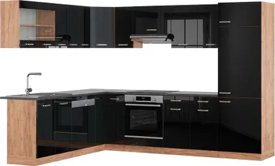 Produktbild von Eckküche Vicco R-Line Schwarz Hochglanz/Goldkraft Eiche 287 x 60 cm , AP Anthrazit, Model 43019