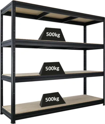 Produktbild von Schwerlastregal DINO | HxBxT 180x200x60cm | 4 Spanplatten-Ebenen 16mm | Fachlast 500kg | Schwarz