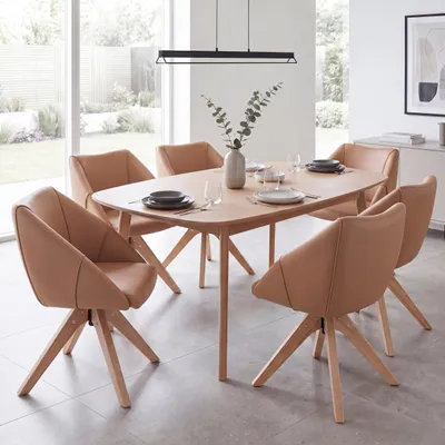 Image de Lot de 6 chaises de salle à manger HWC-Q52, chaises de cuisine, chaises pivotantes, chaises rembourrées, chaises de table à manger, pivotantes, en bois et similicuir ~ marron clair