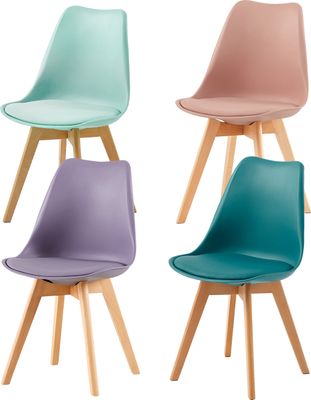 HJ_WeDoo sada 4 jídelních židlí s nohami z masivního bukového dřeva, skandinávský design, 1 mátově modrá + 1 růžová + 1 fialová + zelená