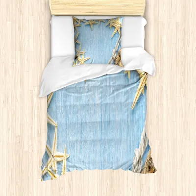 Produktbild von ABAKUHAUS Jahrgang Bettbezug Set für Einzelbetten, Maritime Strandmuschel, Milbensicher Allergiker geeignet mit Kissenbezug, Babyblau Elfenbein