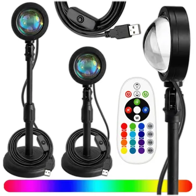 Zdjęcie produktu dla Lampa KRUMAD Sunset RGB z pilotem, projektor zachodu słońca LED, lampka nocna USB z 16 kolorami, obracana o 180°, czarna