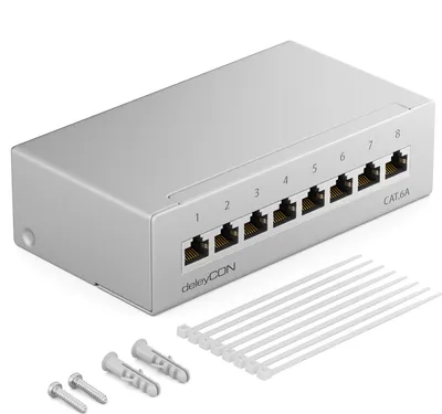Produktbild von deleyCON CAT 6a Patchpanel Verteilerfeld 8 Port 1HE Desktop & Wandmontage Geschirmt 8x RJ45 Buchse LAN Netzwerk Verlegekabel TIA568A TIA568B RAL 7035 Lichtgrau