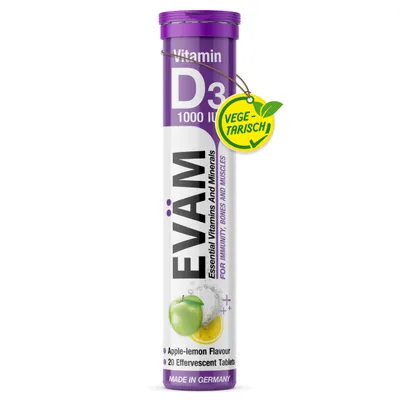 Produktbild von EVÄM Vitamin D3 Brausetabletten hochdosiert, Apfel-Zitrone, Immunsystem, Knochen & Muskeln, 20 Tabletten, vegetarisch, hergestellt in Deutschland