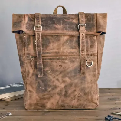 Produktbild von Braun Vintage Lederrucksack Rolltop für 17 Zoll Laptop, Laptoprucksack, Arbeitsrucksack, Reiserucksack – Belveder BP245