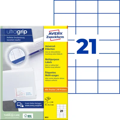 Produktbild von Avery Zweckform 3652, Universal-Etiketten, A4, Qualitätsdruck mit: ultragrip, 70 x 42,3 mm, 2.100 Etiketten / 100 Bögen, weiß