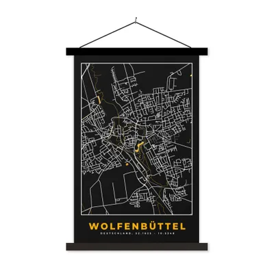 Produktbild von MuchoWow® Textilposter Deutschland - Schwarz und Gold - Wolfenbüttel - Stadtplan - Karte 60x90 cm mit schwarzem Rahmen - Poster Wohnzimmer