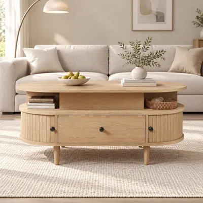Produktbild von okwish Ovaler Sofatisch mit hydraulischer Hubplatte,2 Schiebetüren,Couchtisch mit großer Schublade,verstecktem Stauraum,Natur