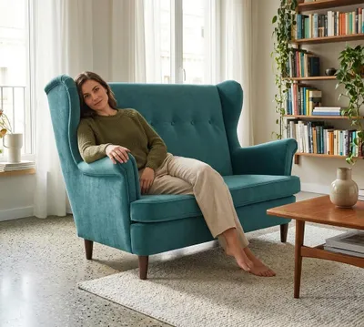 Produktbild von Zweisitzer-Ohrensofa ARI Aura – Skandinavisches Design, Stoff in Türkis, Family Meble, KI-generiertes Bild