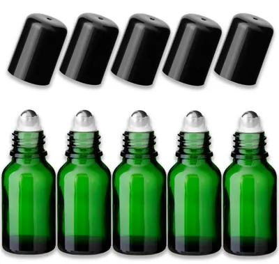 Produktbild von 5x Grüne Glasflasche 15 ml Roll-On mit schwarzem Verschluss – Kugel
