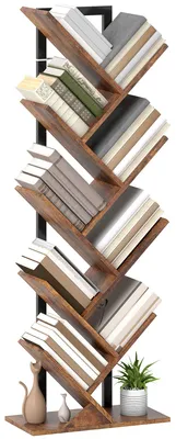 Productafbeelding van Boekenplank, vrijstaande plank met 9 planken, smalle, boomvormige plank voor op kantoor, rustiek bruin