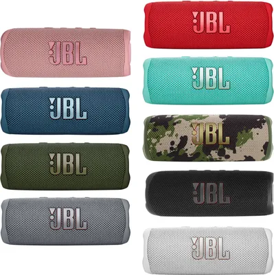 A collage of multiple JBL portable speakers in various colors.