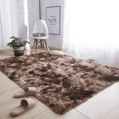 A shaggy rug in a living room setting with a chair, plant, and slippers.