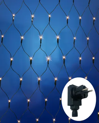A net of LED lights against a blue background, with a close-up of a power plug in the bottom right corner.