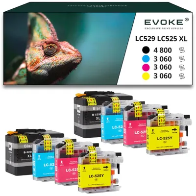Obrázok produktu pre Kompatibilné atramenty Evoke pre tlačiarne Brother LC-529XLBK LC529XL a LC-525XL LC525XL: 8 ks (2x čierna, 2x azúrová, 2x purpurová, 2x žltá), objem 190 ml, výtlačnosť až 13980 strán, vhodné pre modely DCP-J100, J105, MFC-J200