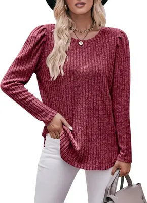 Image de ASKSA Femme T-shirt manches longues col rond côtelé Casual Elégant Tricot Tunique Hauts Pulls, Bordeaux, M