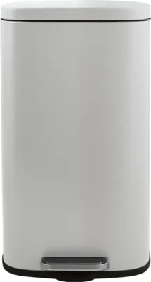 A white pedal trash can with a silver pedal.