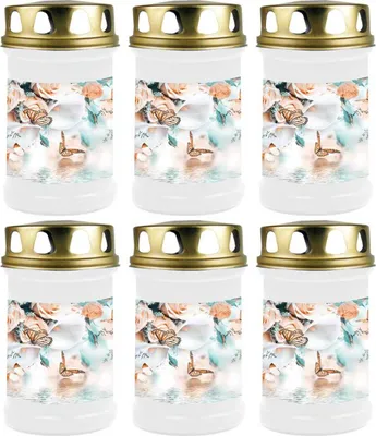 Produktbild von Grabkerze Weiß 6er Pack, Brenndauer: 48 Stunden ( je Kerze ), Motiv: Schmetterling