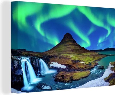 Zdjęcie produktu dla OneMillionCanvasses® - Wydruki na płótnie - 140x90 cm, Northern Lights - Starry Sky - Iceland - Mountain - Green - Waterfall - Lake, wydruk ścienny - zdjęcie na płótnie -