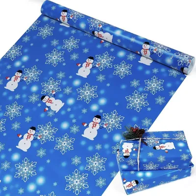 Immagine prodotto di Carta da regalo, rotolo, blu, con motivo di pupazzo di neve e fiocchi di neve, 43 cm x 15 m
