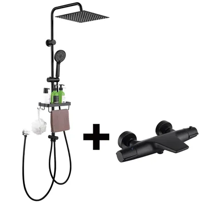 Produktbild von Homelody Duschsystem mit Thermostat Badewannenarmatur Ablage Regendusche Schwarz 30 cm Regendusche, 5 Strahlarten Handbrause, Duschablage mit Haken