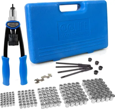 A set of rivet nuts and a rivet gun are laid out on a white background.