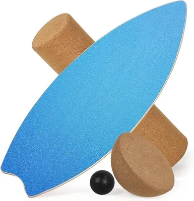 Imagen del producto de Tabla de equilibrio para adultos: tablas de equilibrio tipo surf para entrenamiento del equilibrio, fitness y coordinación. Tabla de equilibrio de madera con rodillo, media esfera y pelota de equilibrio, color azul