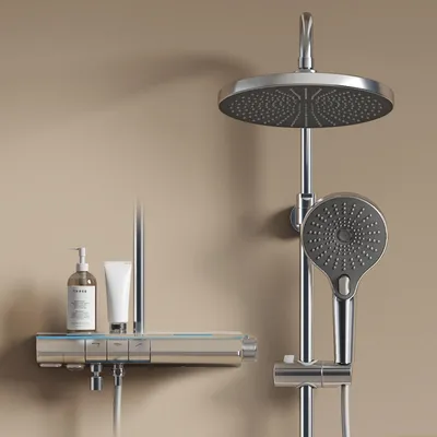 A modern chrome shower system with a large rain shower head, a handheld shower head, and a control panel with a digital display and ambient lighting.