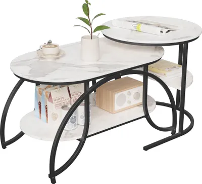 Zdjęcie produktu dla UnboxG Metalowy stolik kawowy - Stolik do salonu z miejscem do przechowywania - Stolik do salonu z dwiema półkami - Stolik rozkładany 46x80x45 cm/52x52x51 cm - Stolik kawowy w kolorze białym/złotym