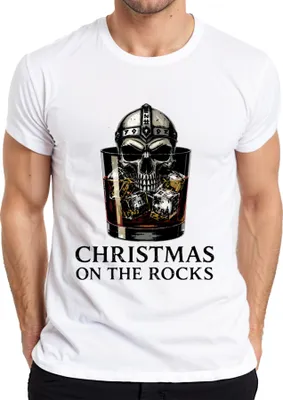 Obrázek produktu pro Vánoční tričko pro muže s motivem lebky, skandinávské helmy a run, značka Christmas On The Rocks, velikost L, bílá barva