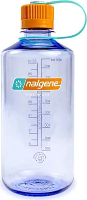 A clear studio shot of a Nalgene water bottle.