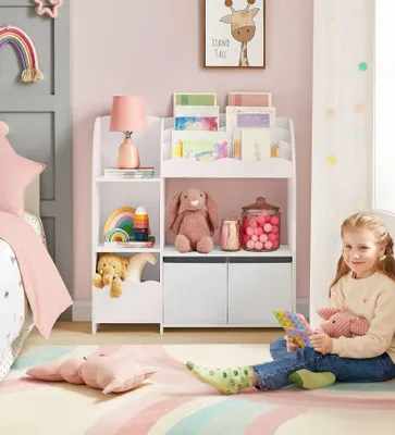 Image de Étagère pour livres pour enfants avec 2 boîtes de rangement – Jouets et livres – Blanche – 30 x 93 x 100 cm
