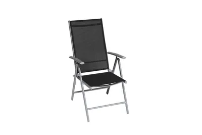 A single black folding chair with a metal frame, shown isolated on a white background.