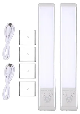 Image de 2 lampes LED magnétiques rechargeables sans fil, avec détecteur de mouvement, pour l'intérieur des placards, armoires, dressings, chambres, cuisines, etc. (idéales pour l'installation sous les meubles)
