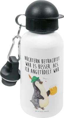 Produktbild von Mr. & Mrs. Panda Sportflasche Pinguin Bier - Weiß - Geschenk, Kita Trinkflasche, Angetüdelt, , für den Kindergarten, Wasserflasche, Beschwippst, Kinder