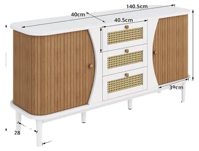 Zdjęcie produktu dla Komoda, konstrukcja z litego drewna i rattanu, długość 140,5 cm, wysokość 76 cm, głębokość 40 cm, 3 szuflady