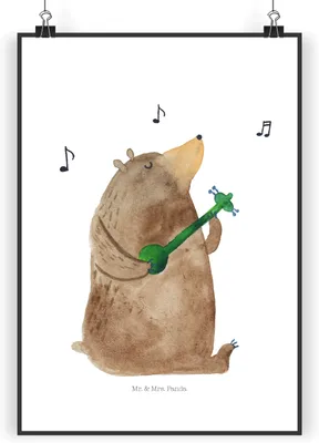 Produktbild von Mr. & Mrs. Panda Bild Bär Gitarre DIN A5 - Weiß - Geschenk, Kunstdruck, wanddeko, drucke, Teddy, Deko, Wandbild