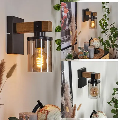 Produktbild von Ramera »Ramera« Wandlampe aus Metall/Holz/Glas in Schwarz/Natur/Rauchfarben