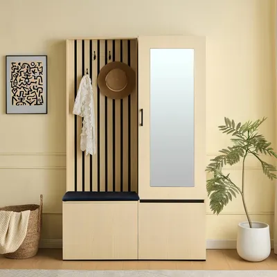 Produktbild von Flieks Modernes Flurmöbel-Set mit ausziehbarer Kleiderstange, Schuhablage, 4 Haken und Polsterbank, Garderoben-set, Kleiderschrank-Set, Natur