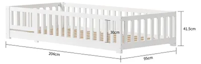 Image de Lit enfant Montessori au sol - Lit 90x200 cm - Bois massif en pin - Barrière de sécurité amovible - Sommier à lattes inclus - Capacité de charge jusqu'à 200 kg - Blanc