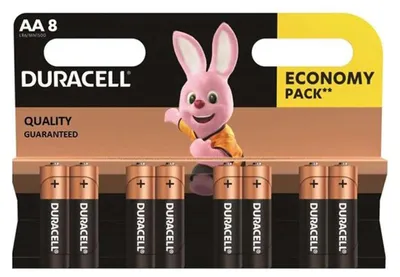 A package of Duracell AA batteries featuring the Duracell bunny mascot.