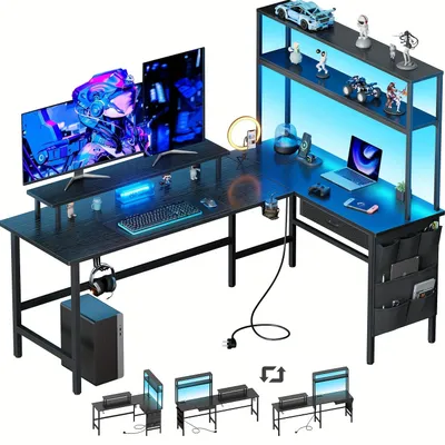 Produktbild von L-förmiger Gaming-Schreibtisch mit Monitorständer – Schwarzer Eckschreibtisch mit LED-Beleuchtung und Steckdosen