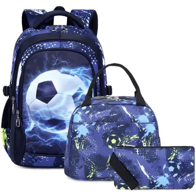Produktbild von Schulrucksack Set 3-teilig Jungen Teenager Grundschule Mittelstufe Wasserfest 18 Zoll Fußball Schwarz