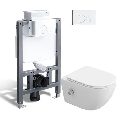 Produktbild von HOROW Komplett Dusch-WC Toilette Set 82cm Vorwandelement Unterputzspülkasten + Wand WC + weiß round Drückplatte