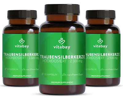 Produktbild von Vitabay Traubensilberkerze 2.500 mg – 360 vegane Kapseln – Cimicifuga Racemosa Extrakt (Black Cohosh) – hochdosierter 5:1 Extrakt aus dem Wurzelstock – vegan & labor in Deutschland – 3er Bundle