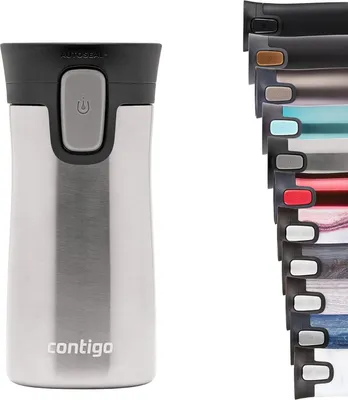 A stainless steel Contigo travel mug is shown on the left, with a row of different colored travel mugs on the right.